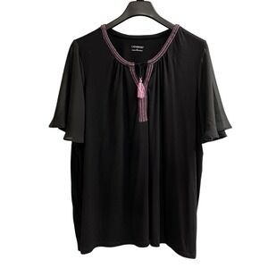 Cathrines Top Womens 2X Black Purple Embroidered Tassel Tunic Sheer Flutter Slvs